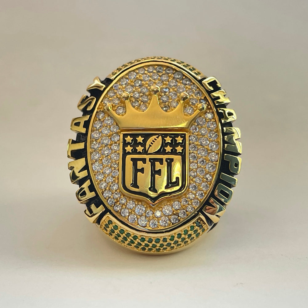 FANTASY FOOTBALL CHAMPION RING --- GOLD BODY, BLUE STONES (Item #36-80)